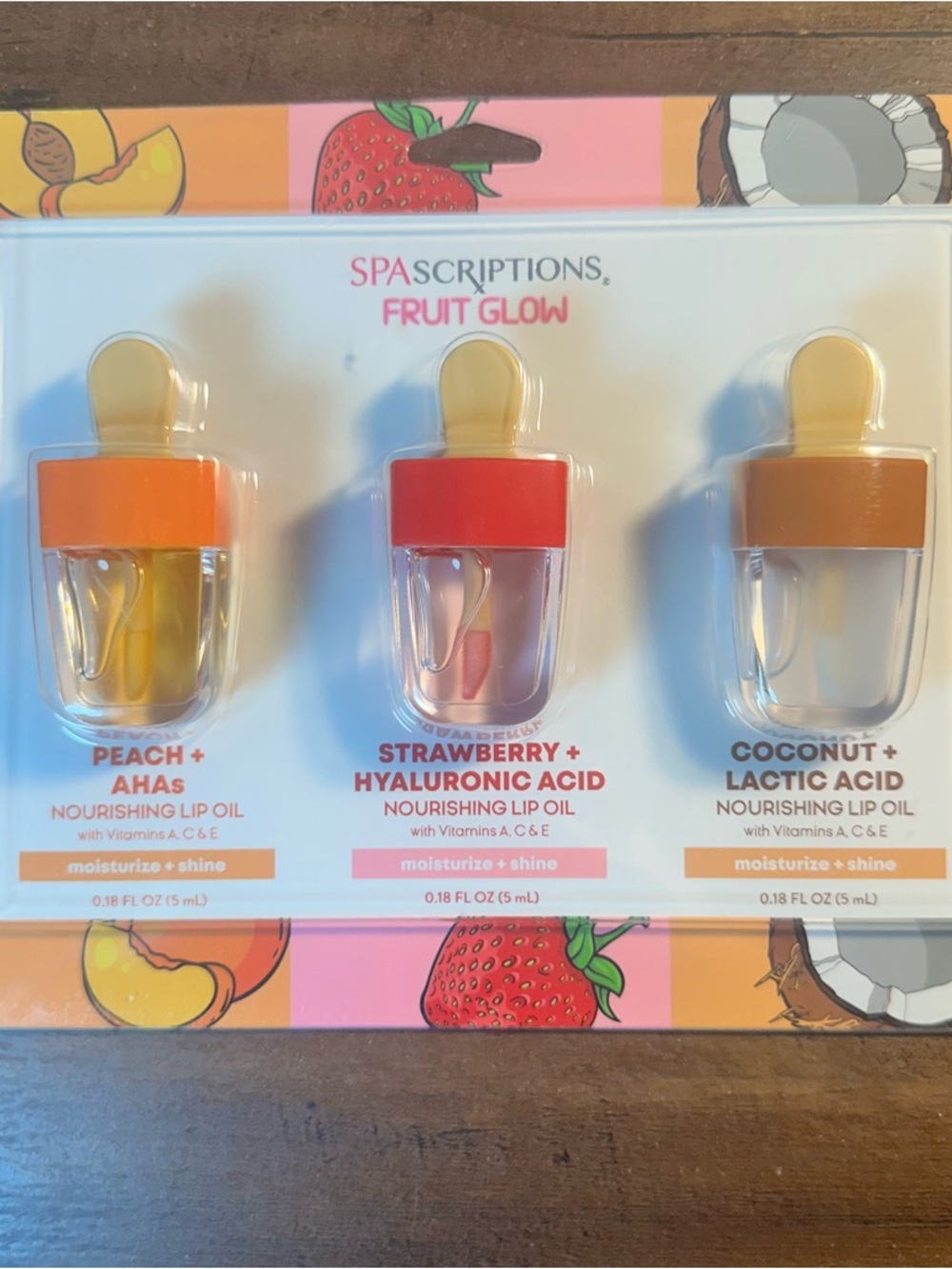 SpaScriptions 3Pc Fruit Glow Nourishing Lip Oil Set Peach•Strawberry•Coconut NIP